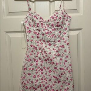 ZARA White Floral Spaghetti Strap Dress with Pink Roses